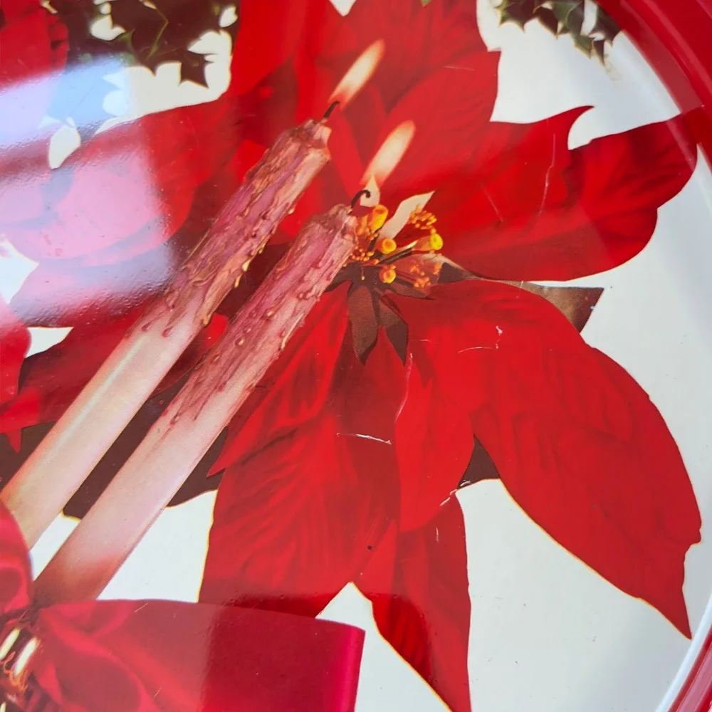 Vintage Christmas Poinsettia Round Metal Tin Serving Tray Red‎ Rim Holiday 11